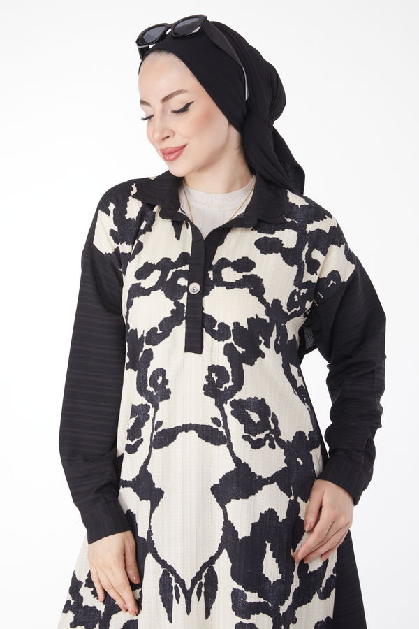 Desenli Salaş Elbise Siyah - 25044