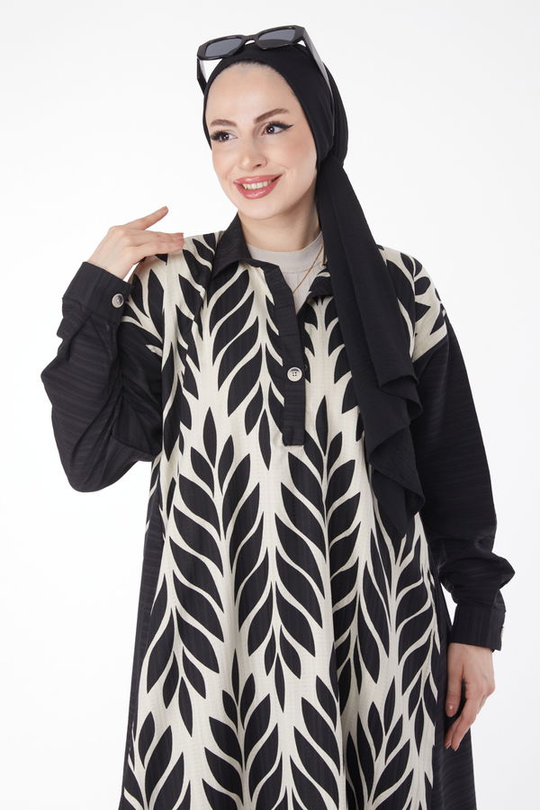 Desenli Salaş Elbise Siyah - 25045