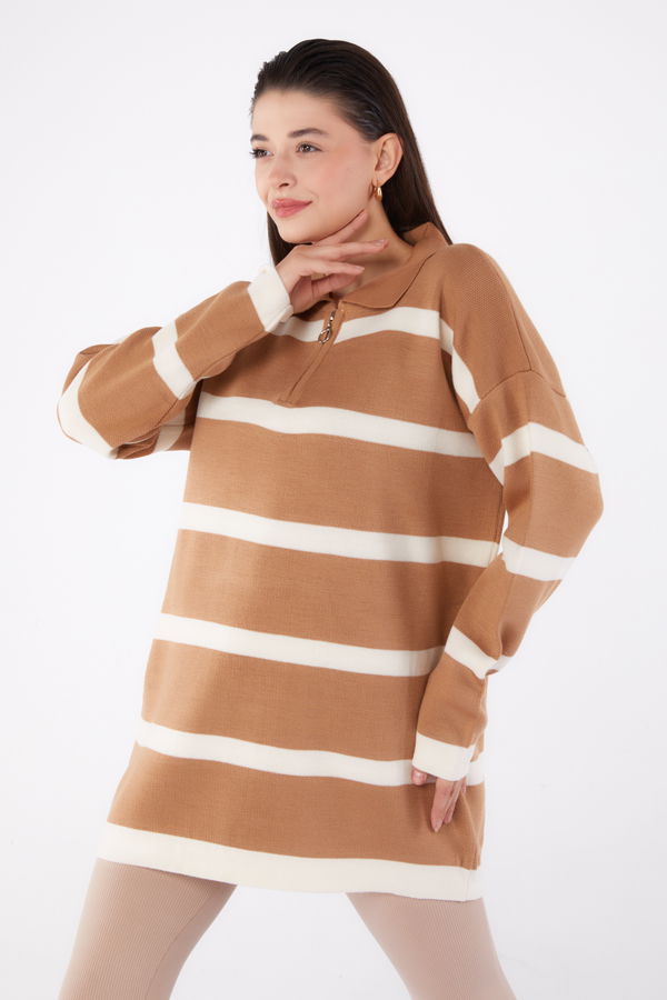 Çizgili Triko Tunik Vizon - 26420