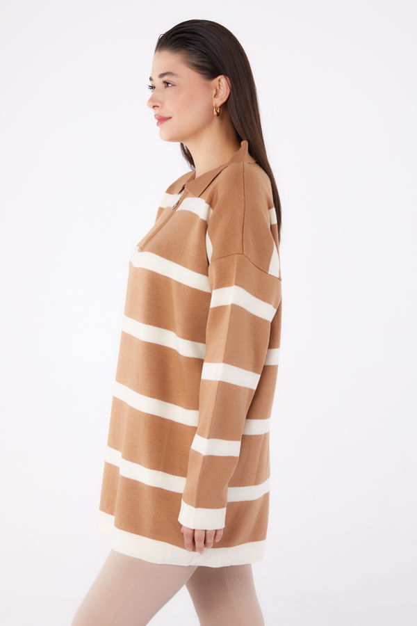 Çizgili Triko Tunik Vizon - 26420