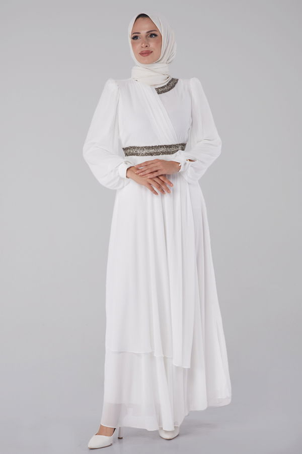 Taşlı Şifon Elbise Beyaz - 26255