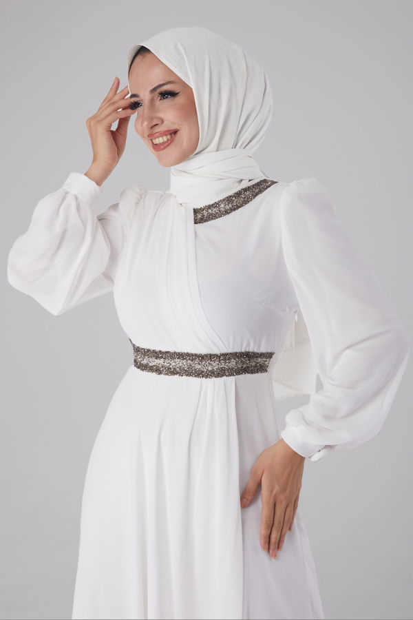 Taşlı Şifon Elbise Beyaz - 26255