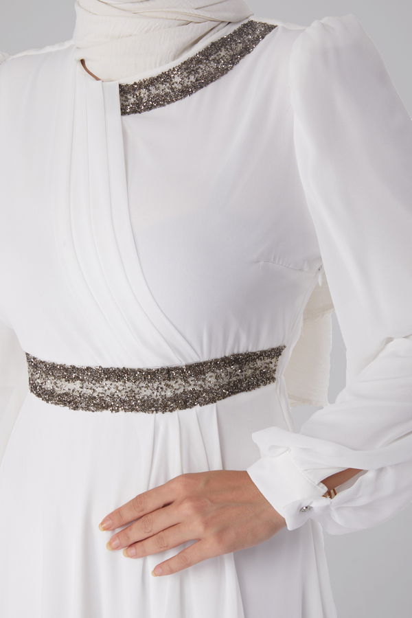 Taşlı Şifon Elbise Beyaz - 26255