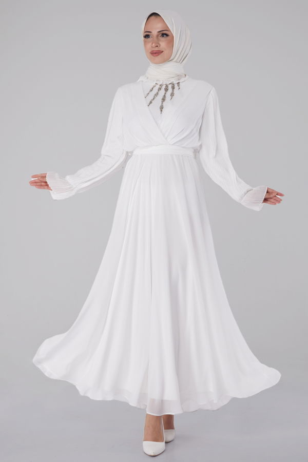Taşlı Şifon Elbise Beyaz - 26256