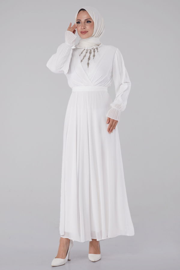 Taşlı Şifon Elbise Beyaz - 26256