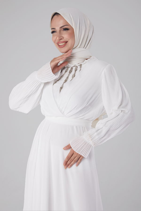 Taşlı Şifon Elbise Beyaz - 26256