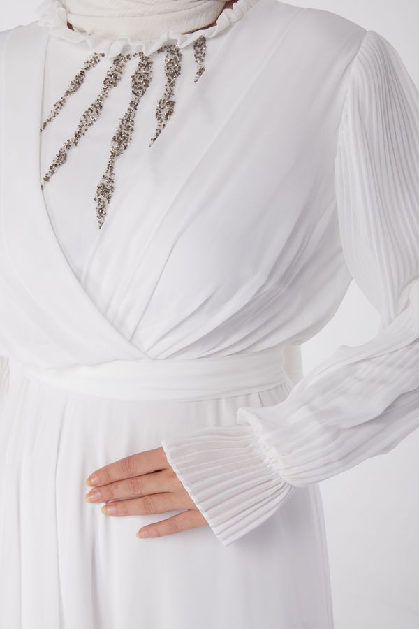 Taşlı Şifon Elbise Beyaz - 26256