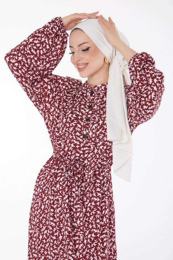 Düğmeli Desenli Elbise Bordo - 25715