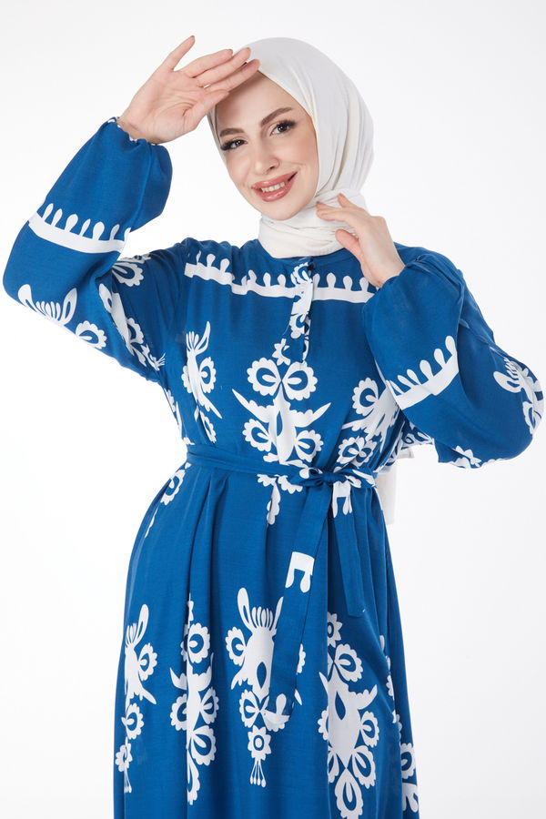 Desenli Renkli Elbise Indigo - 24989