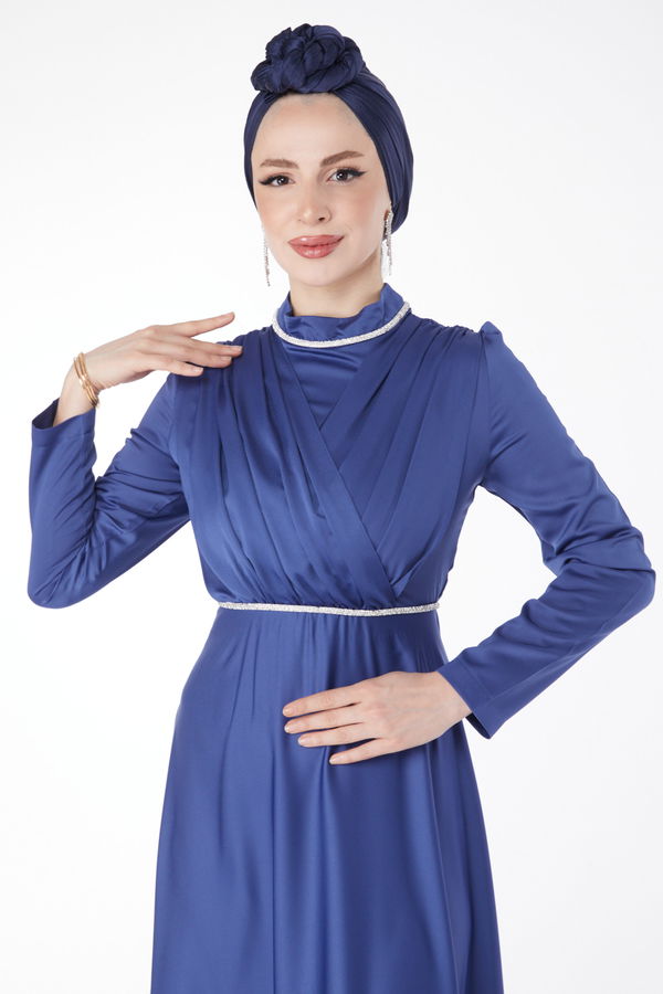 Pile Detaylı Abiye Elbise Indigo - 24900