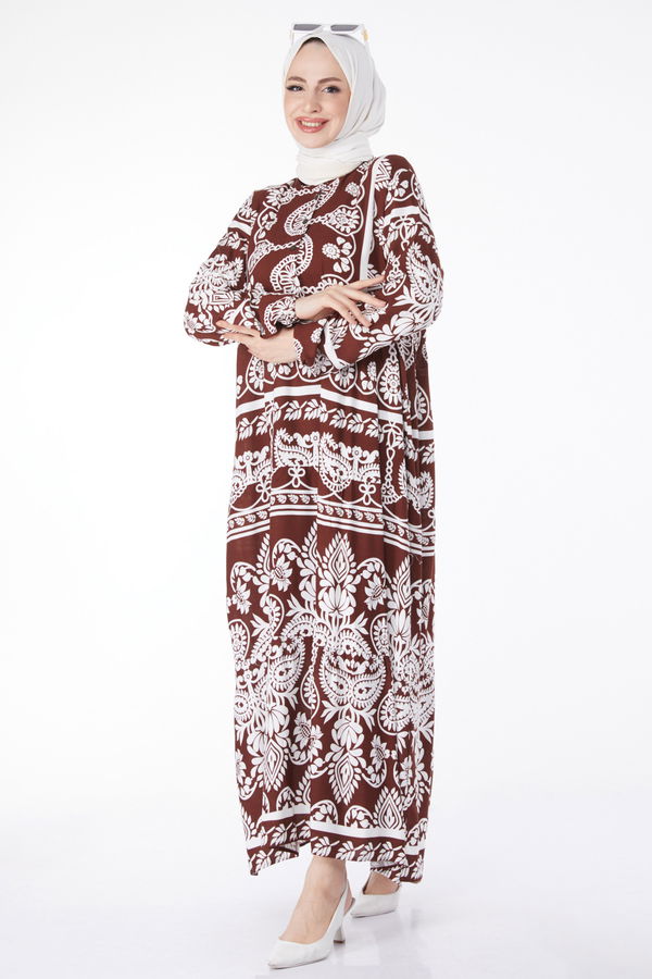 Desenli Renkli Elbise Kahve - 24988