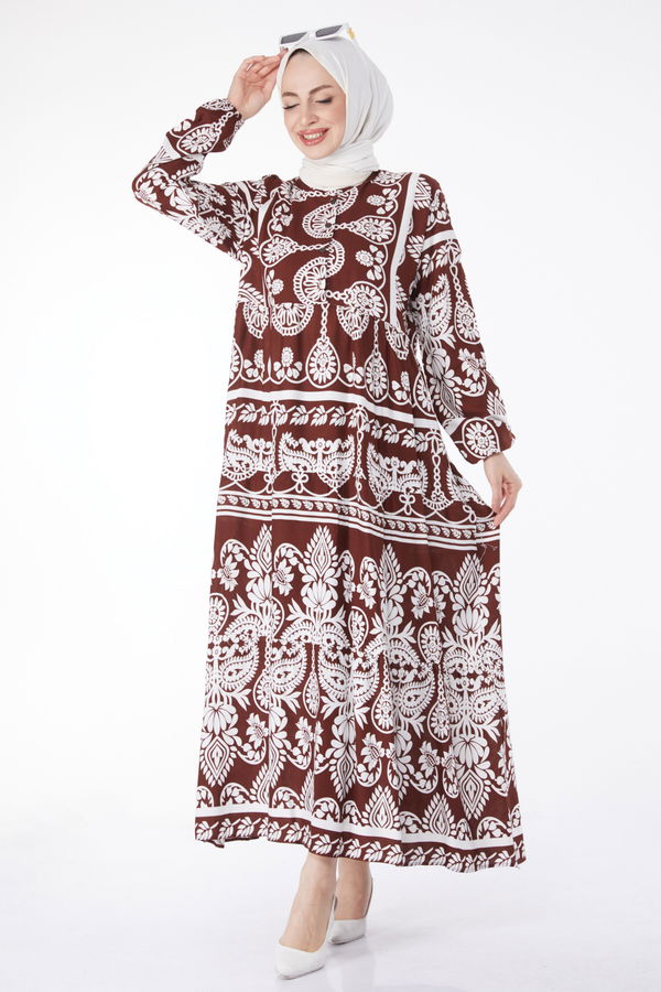 Desenli Renkli Elbise Kahve - 24988