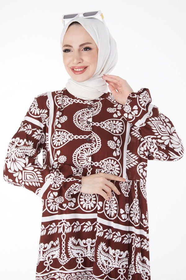 Desenli Renkli Elbise Kahve - 24988