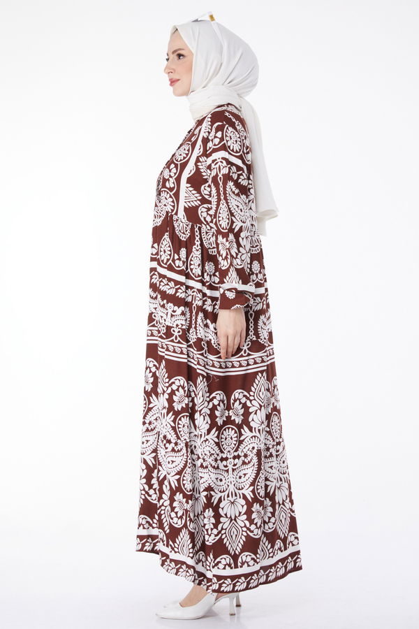 Desenli Renkli Elbise Kahve - 24988