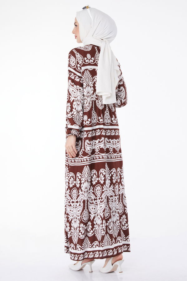 Desenli Renkli Elbise Kahve - 24988