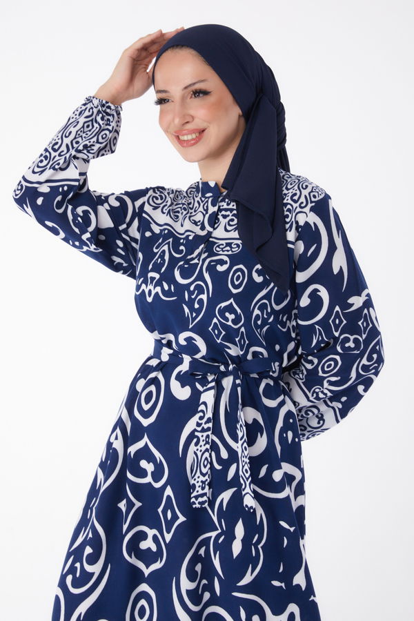 Desenli Kuşaklı Elbise Lacivert - 26014