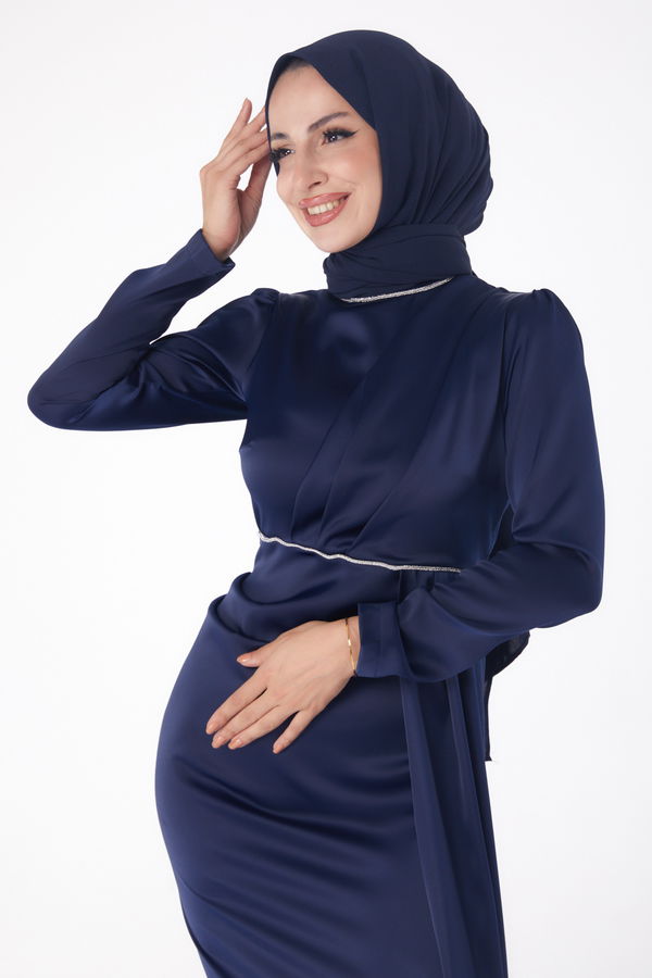 Taşlı Abiye Elbise Lacivert - 26206