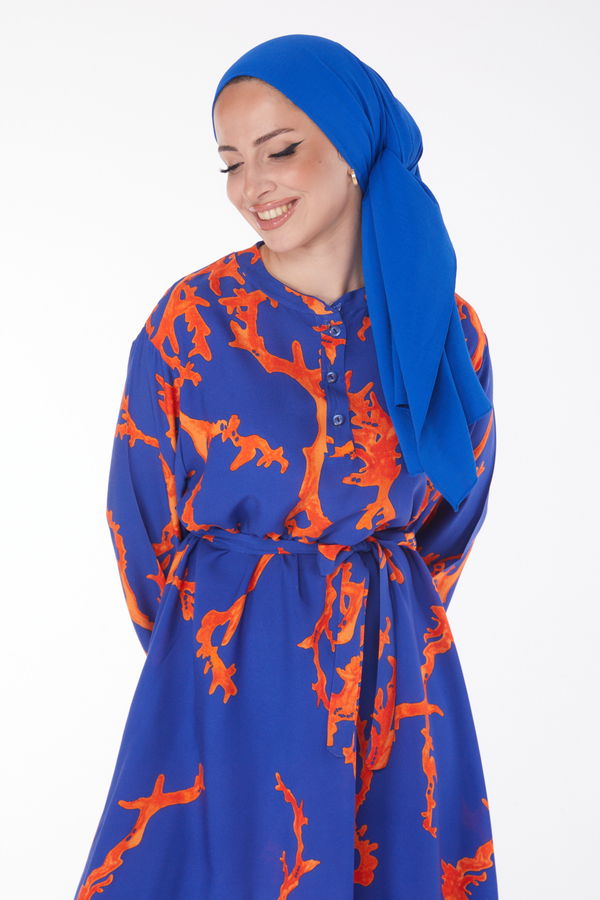 Desenli Kuşaklı Elbise Oranj - 25918