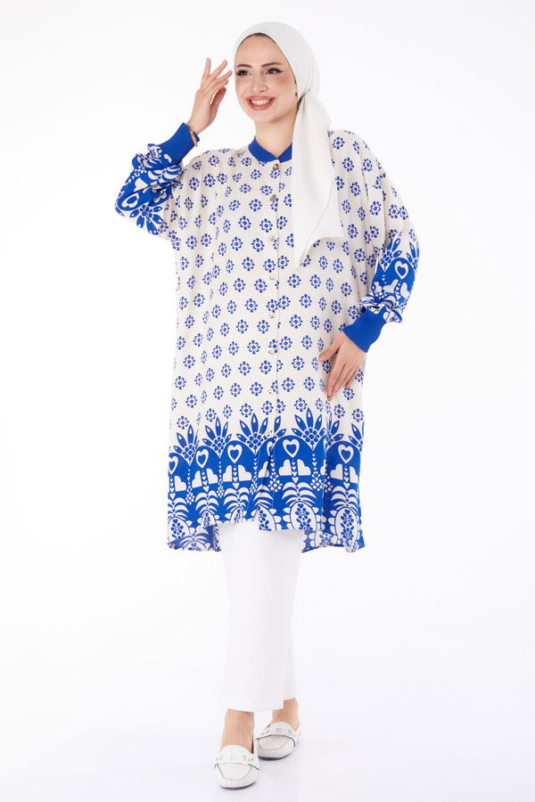 Düğmeli Desenli Tunik Saks - 25623