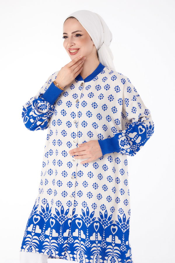 Düğmeli Desenli Tunik Saks - 25623