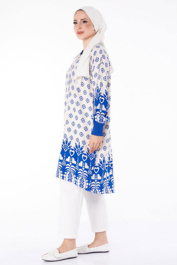 Düğmeli Desenli Tunik Saks - 25623