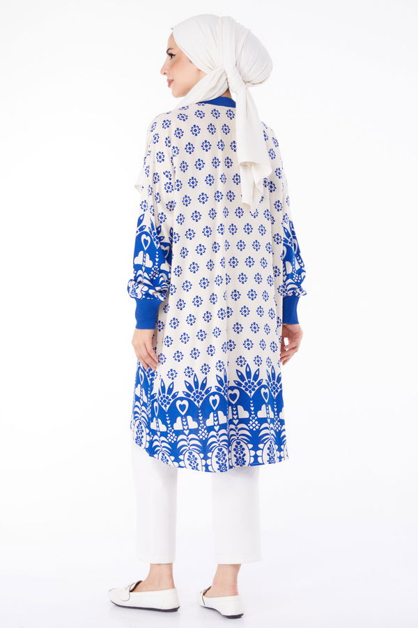 Düğmeli Desenli Tunik Saks - 25623
