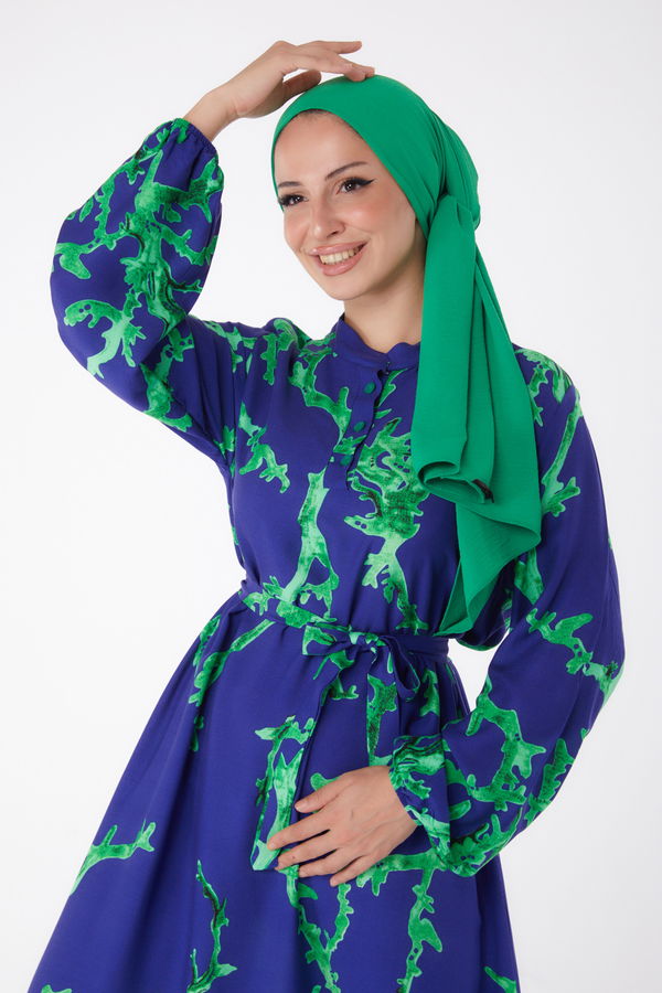Desenli Kuşaklı Elbise Yesil - 25997