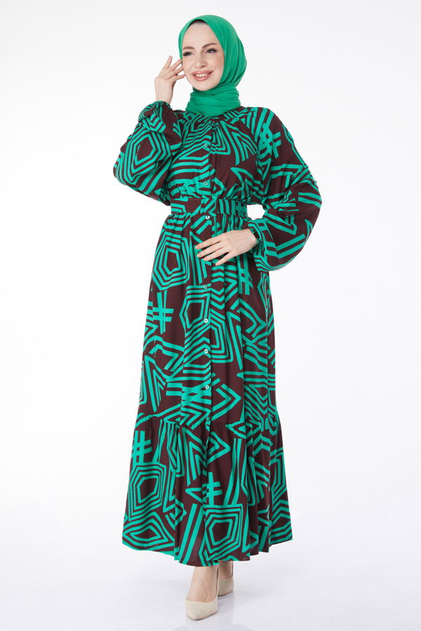 Kemerli Desenli Renkli Elbise Yesil - 24991