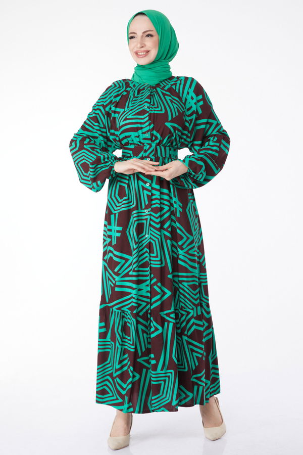 Kemerli Desenli Renkli Elbise Yesil - 24991