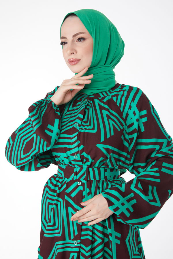 Kemerli Desenli Renkli Elbise Yesil - 24991