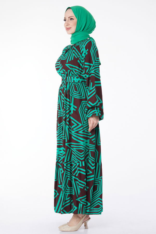 Kemerli Desenli Renkli Elbise Yesil - 24991