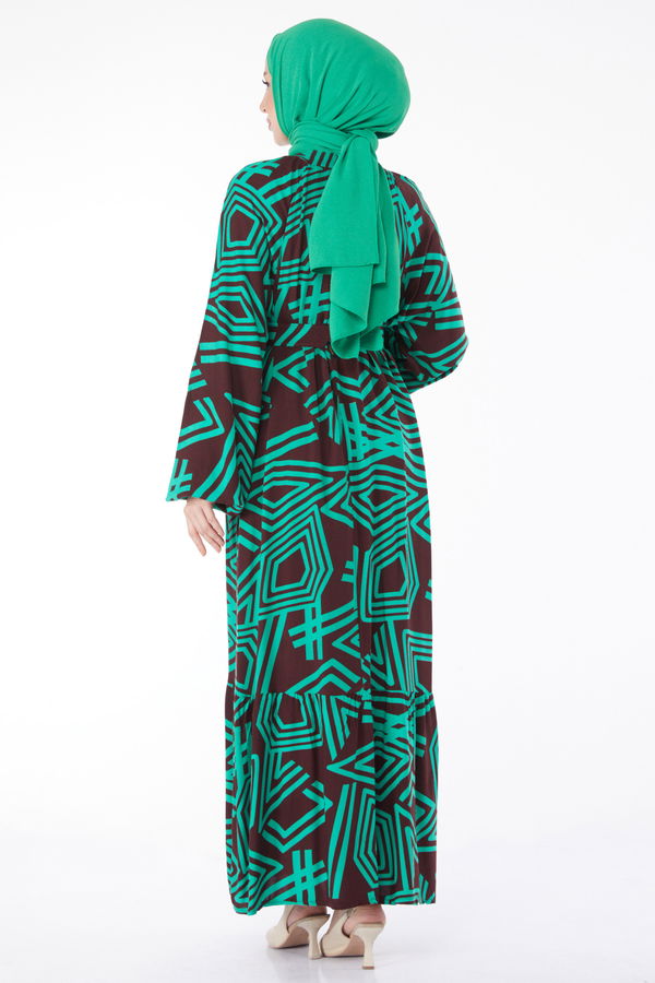 Kemerli Desenli Renkli Elbise Yesil - 24991