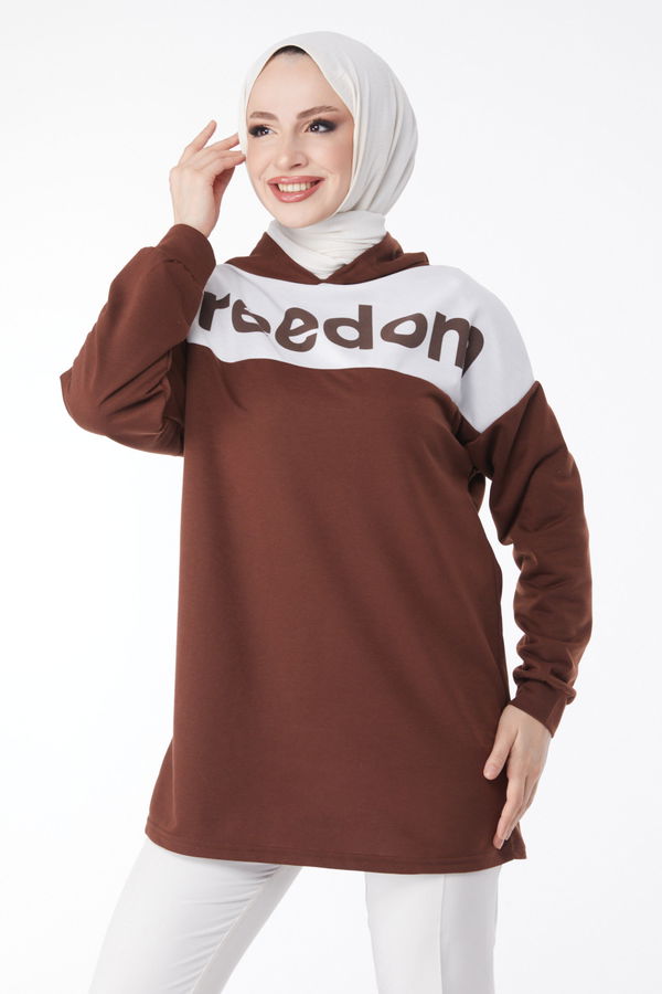 Baskılı Kapşonlu Sweatshirt Kahve - 13134