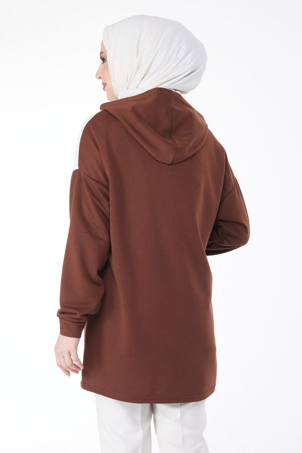 Baskılı Kapşonlu Sweatshirt Kahve - 13134