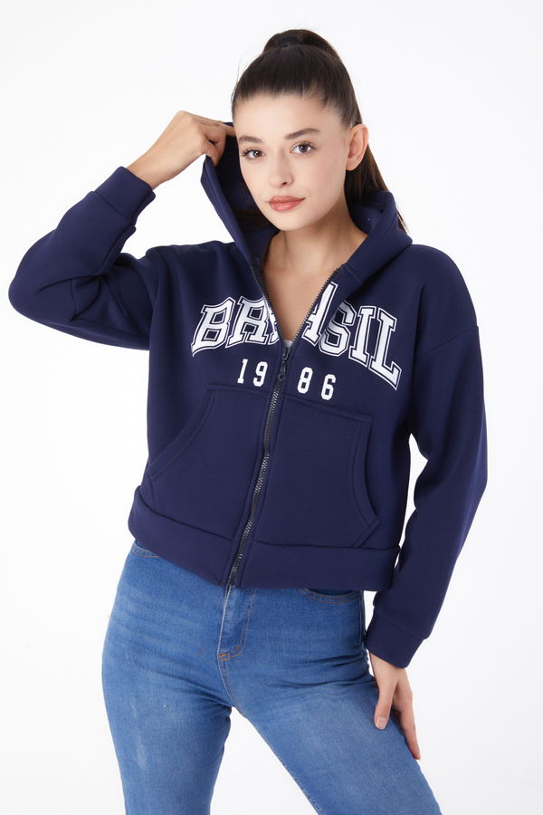 Fermuarlı Crop Sweatshirt Lacivert - 26278