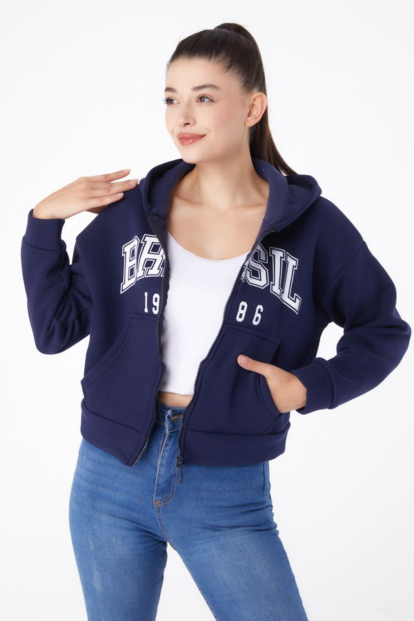 Fermuarlı Crop Sweatshirt Lacivert - 26278