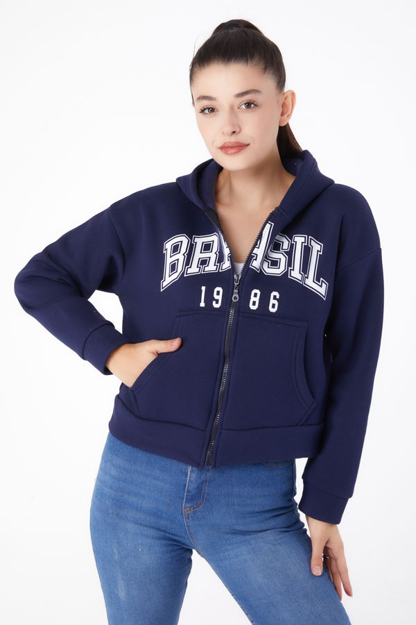 Fermuarlı Crop Sweatshirt Lacivert - 26278