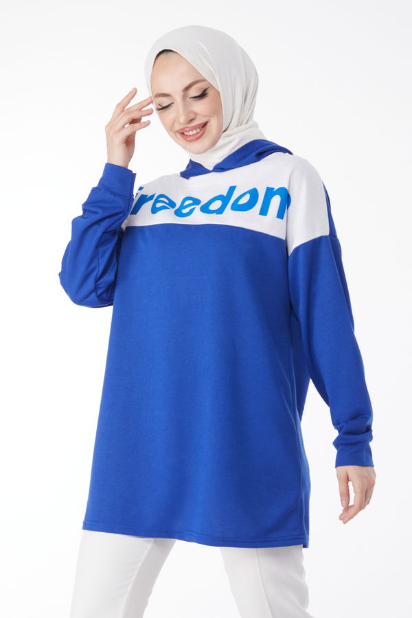 Baskılı Kapşonlu Sweatshirt Saks - 13134