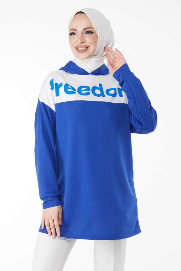 Baskılı Kapşonlu Sweatshirt Saks - 13134