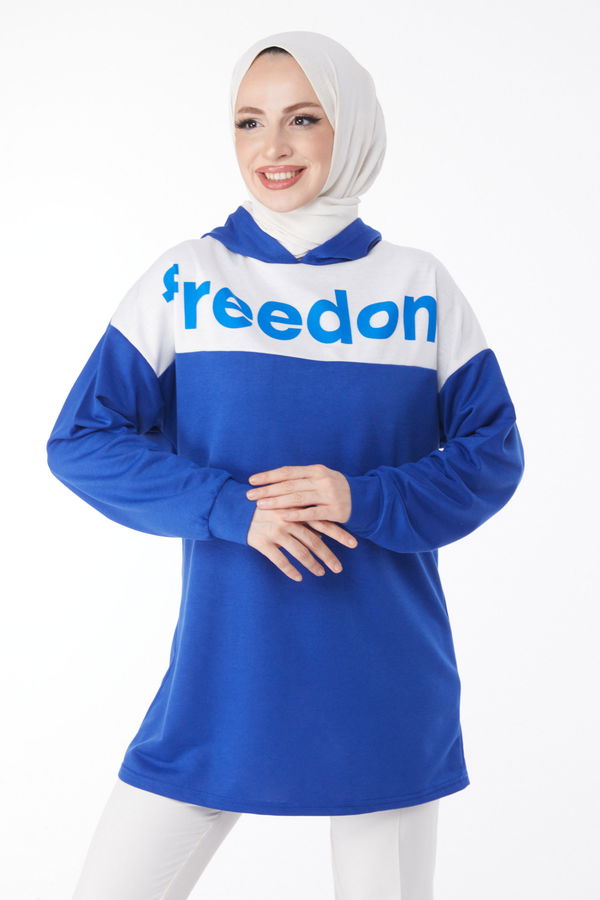 Baskılı Kapşonlu Sweatshirt Saks - 13134