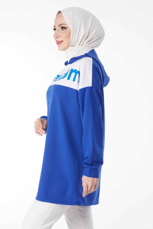 Baskılı Kapşonlu Sweatshirt Saks - 13134