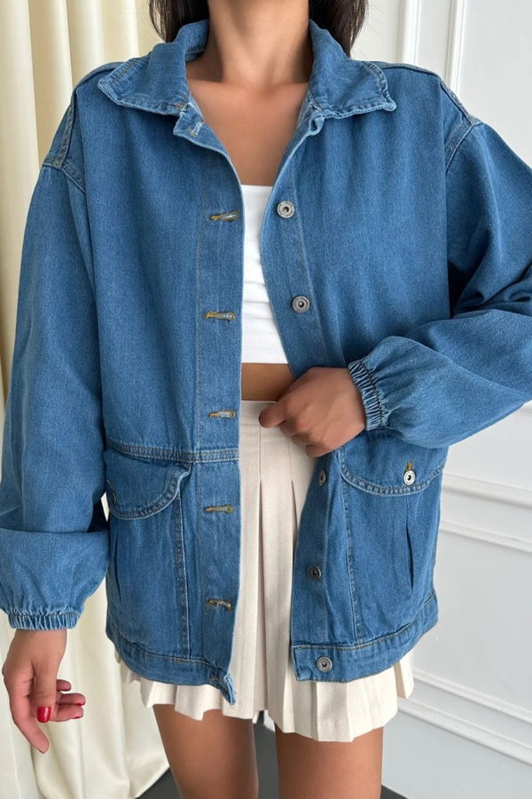 Kadın Oversize Körüklü Cep Kot Ceket Acik Mavi - 26578