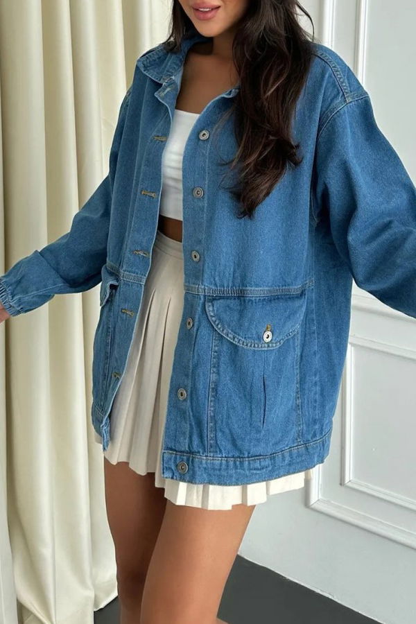 Kadın Oversize Körüklü Cep Kot Ceket Acik Mavi - 26578