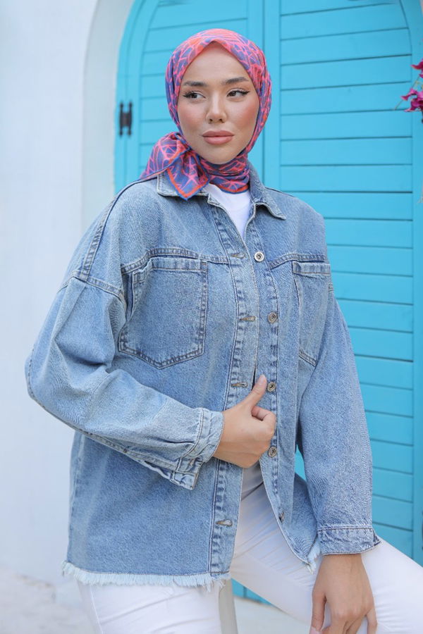 Kadın Oversize Püskül Detay Yaka Cep Kot Ceket Acik Mavi - 26580