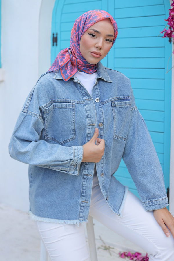 Kadın Oversize Püskül Detay Yaka Cep Kot Ceket Acik Mavi - 26580