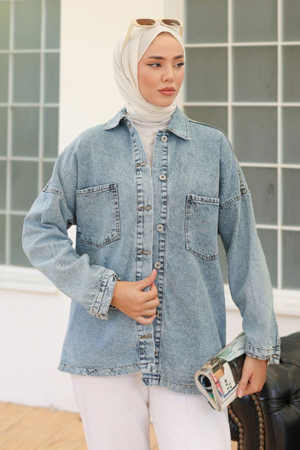 Kadın Oversize Cep Detay Kot Gömlek Ceket Acik Mavi - 26571