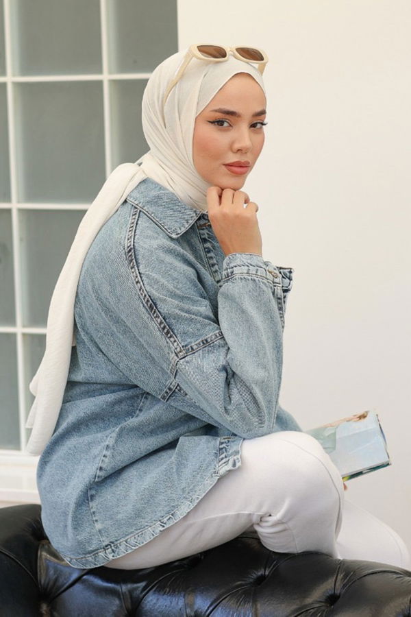 Kadın Oversize Cep Detay Kot Gömlek Ceket Acik Mavi - 26571