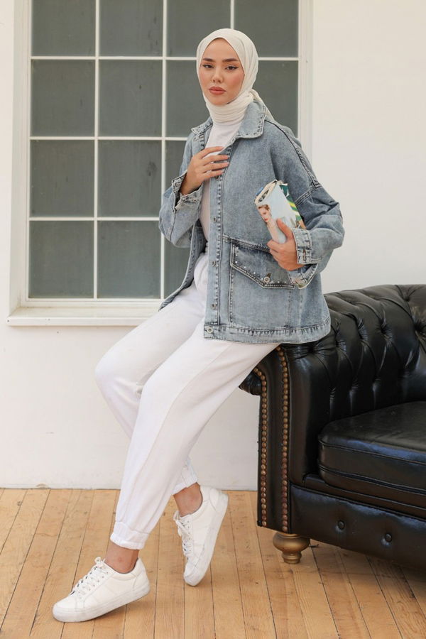 Kadın Taş Detaylı Oversize Denim Kot Ceket Acik Mavi - 26572