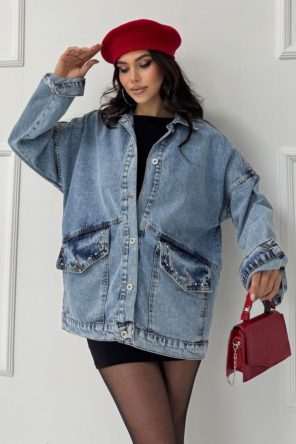 Kadın Taş Detaylı Oversize Denim Kot Ceket Acik Mavi - 26572