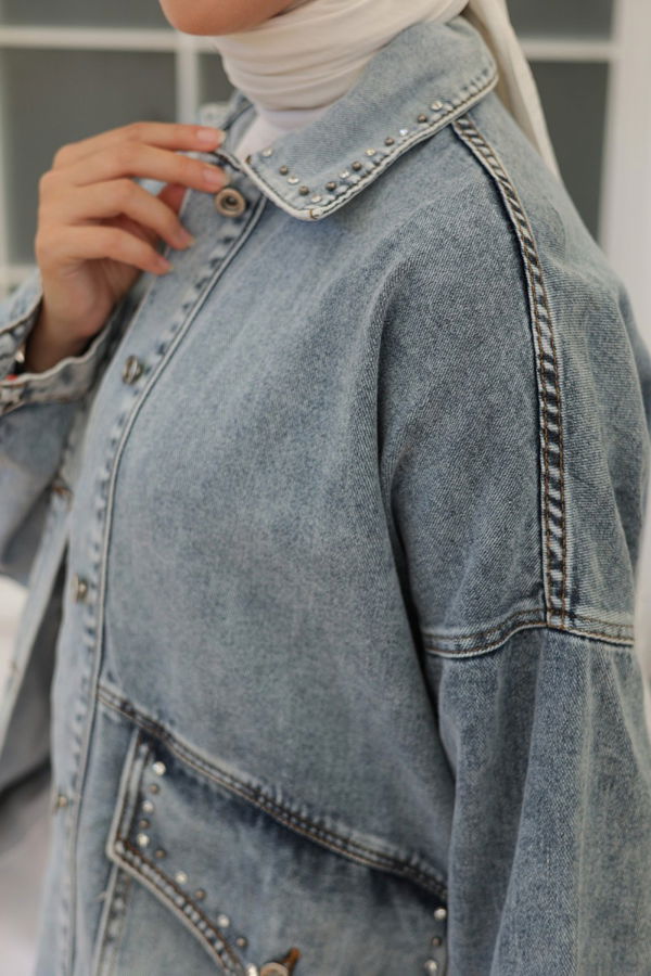 Kadın Taş Detaylı Oversize Denim Kot Ceket Acik Mavi - 26572